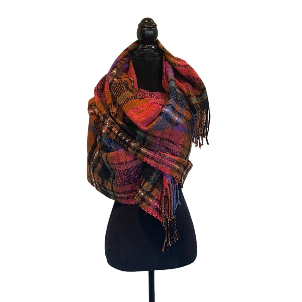 Pieces cozy on trend plaid oversized blanket scarf wrap fringe trim cold weather